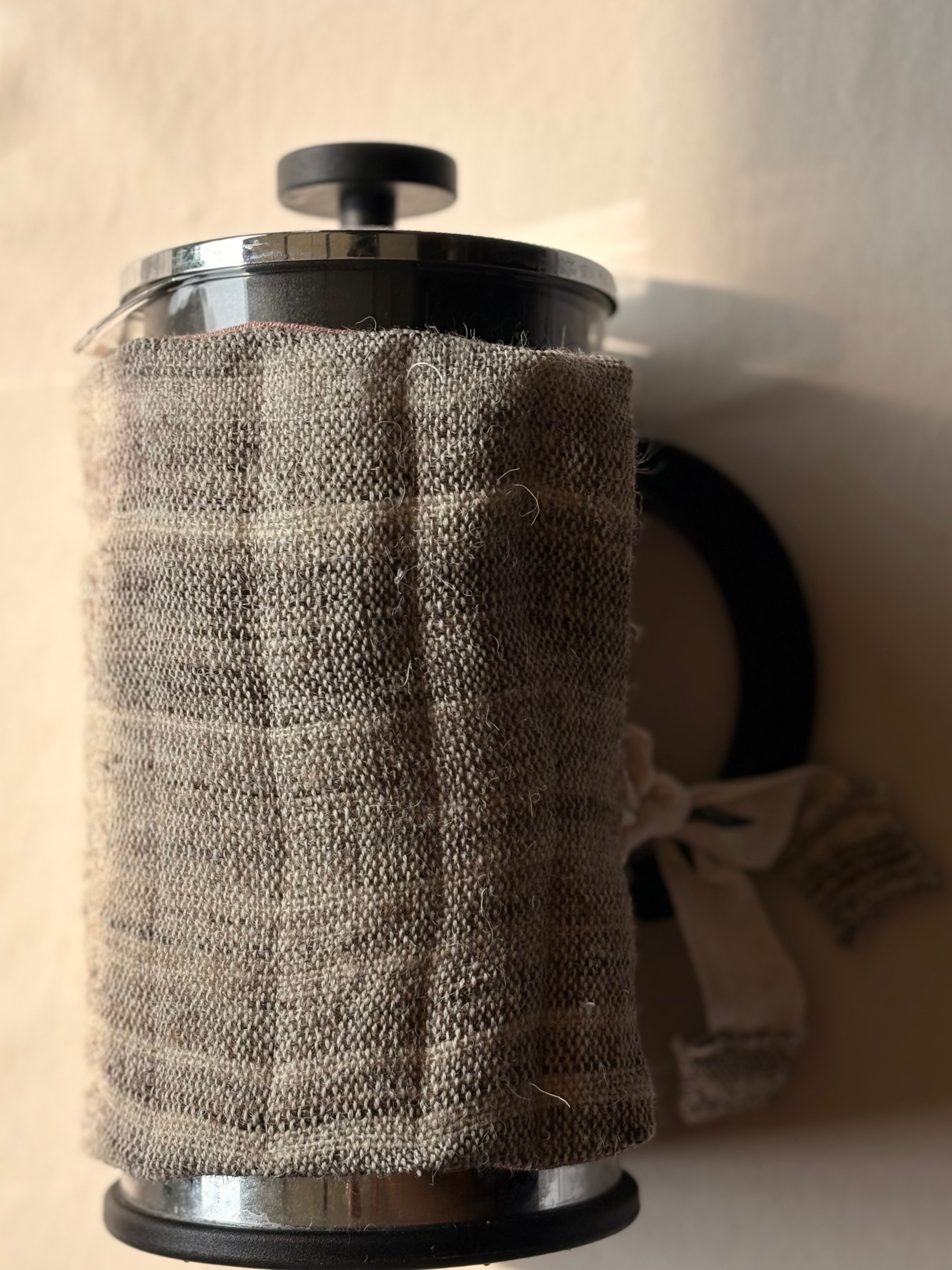 Kala Cotton & Patanwadi Wool French Press Cosy in Coffee & Cream
