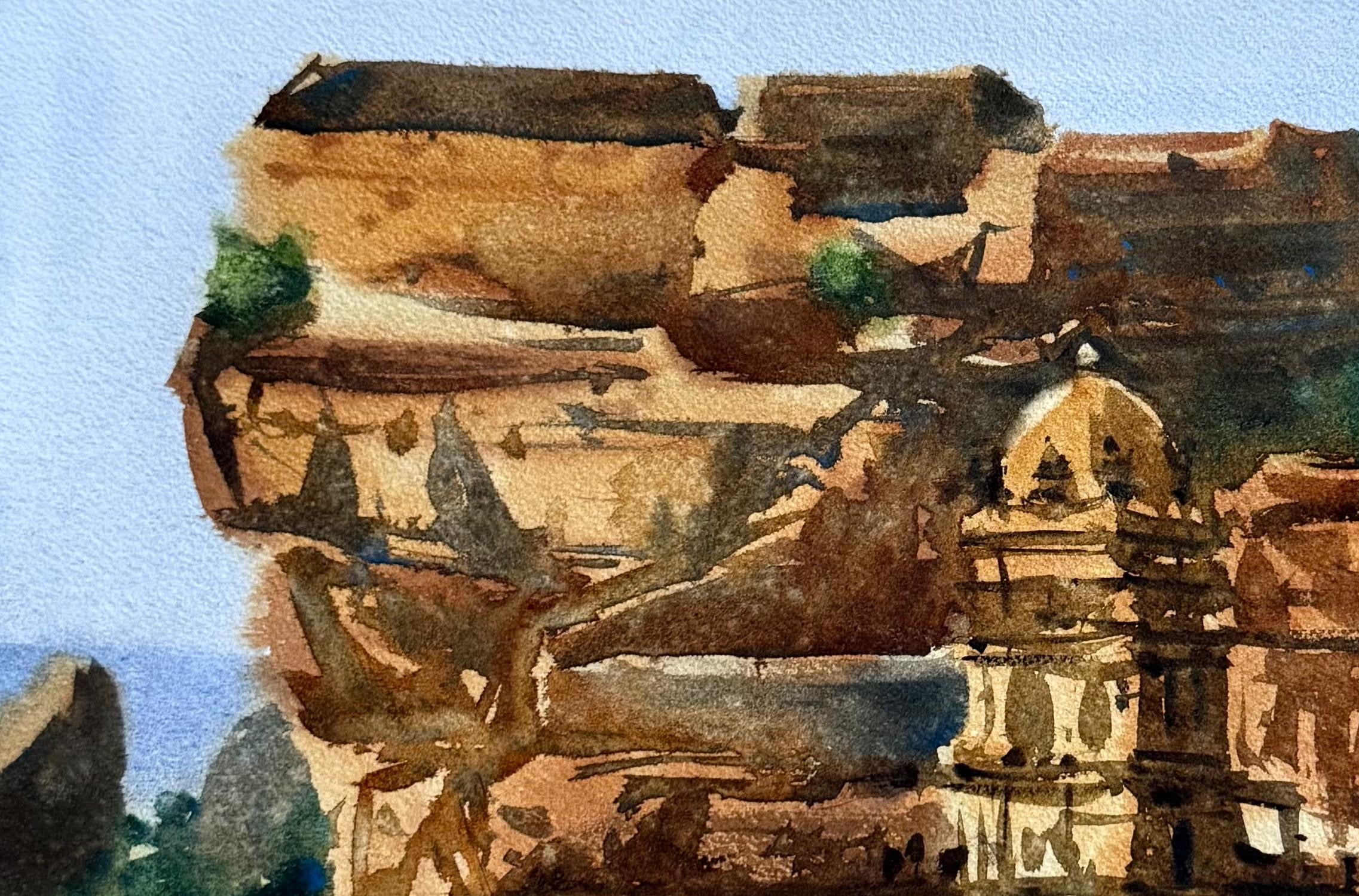 Artistic depiction of ancient ruins with a blue sky background