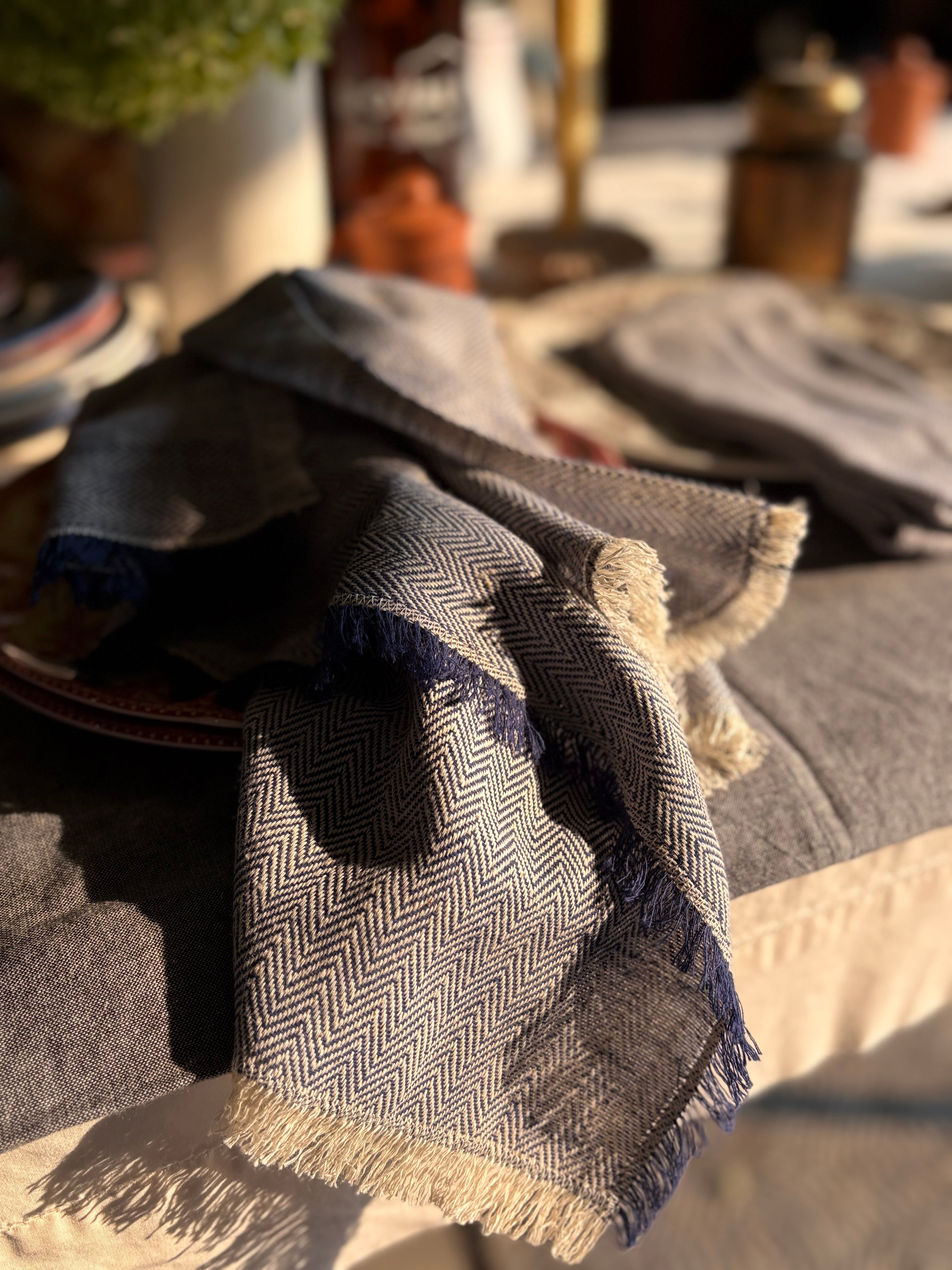The Kala Cotton Herringbone Dinner Napkin Pair in Ink