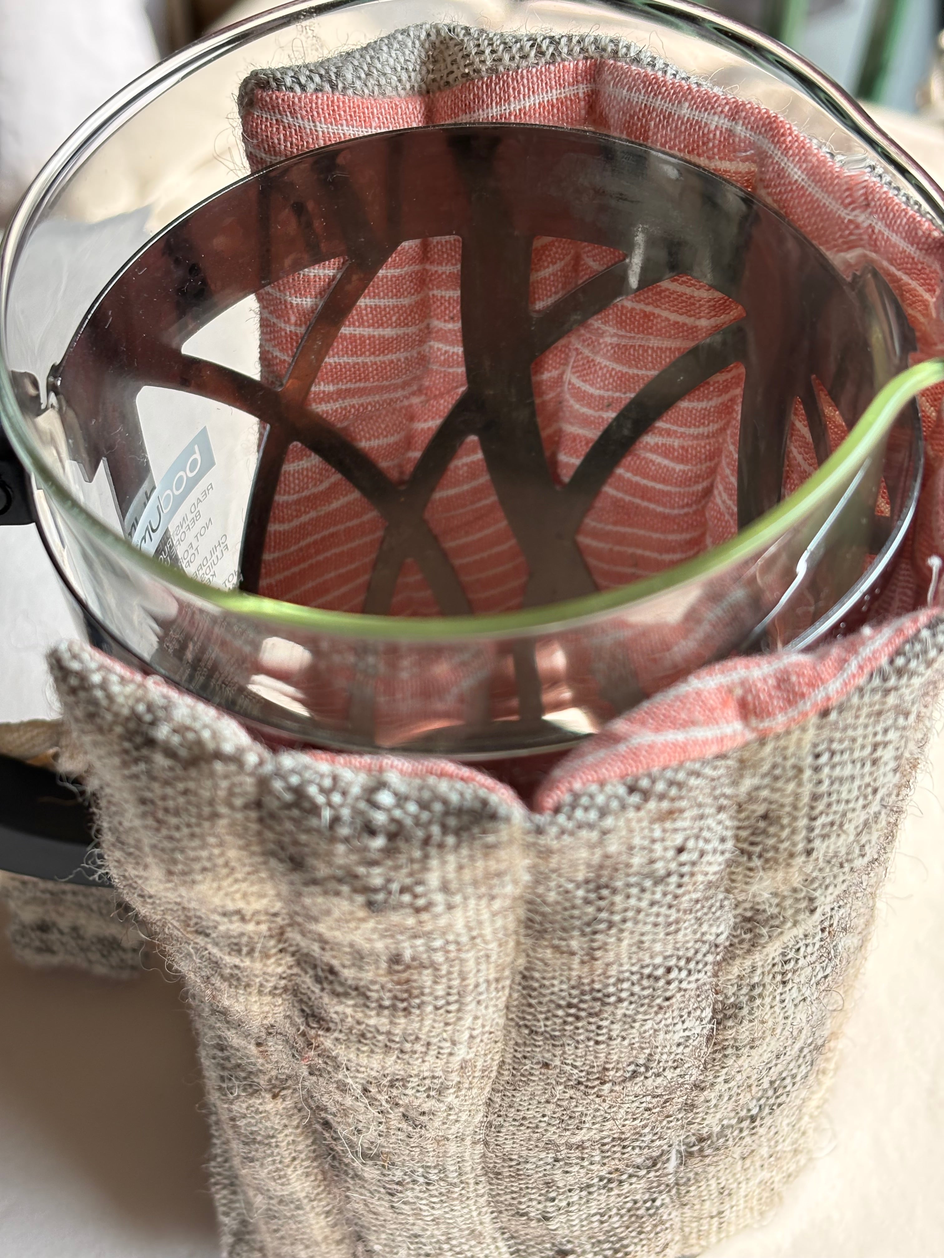 Kala Cotton & Patanwadi Wool French Press Cosy in Coffee & Cream