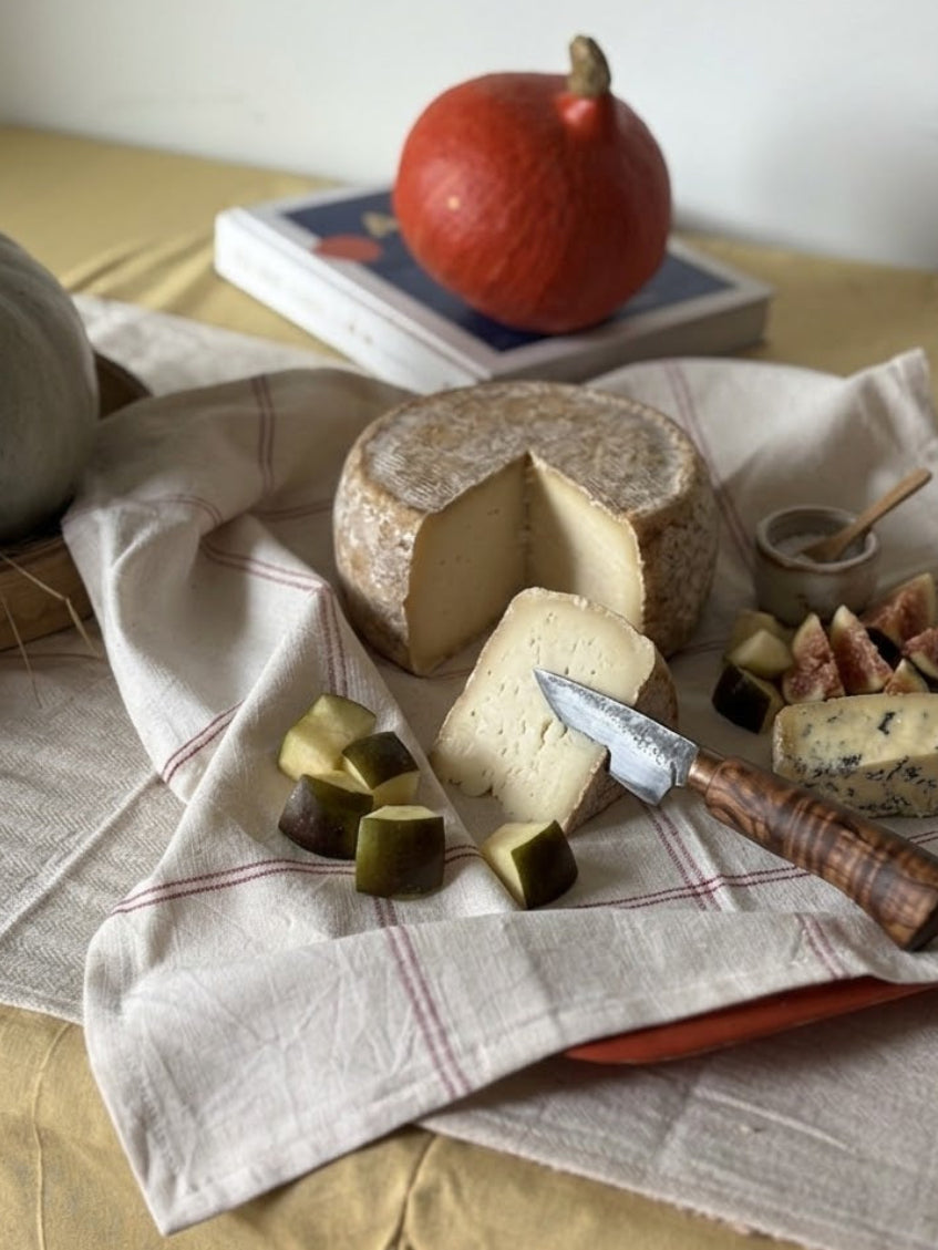 A styled cheese board with a round wheel of cheese, wedges, figs, and a knife on a linen-like Kala Cotton cloth, set on a table with pumpkins and a book in the background.