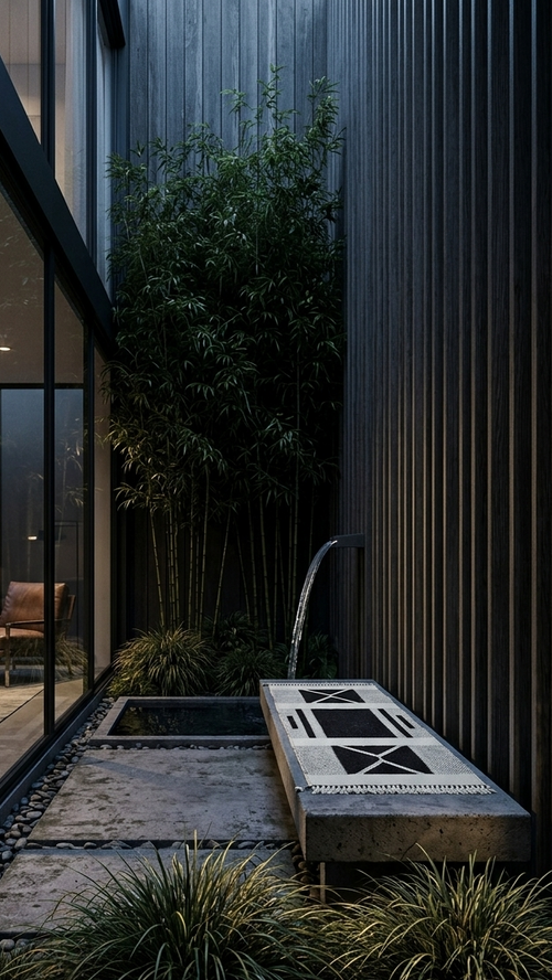 Modern outdoor area with a water feature and glass walls