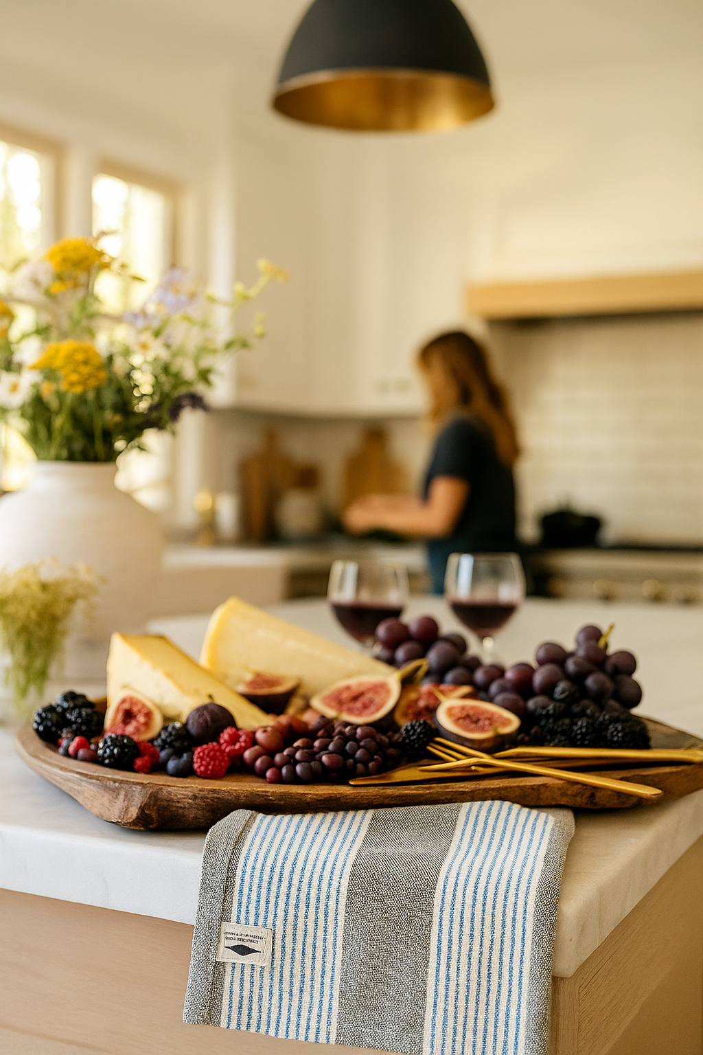 Wooden board with fruits and cheese on a kitchen counter, with a person in the background.