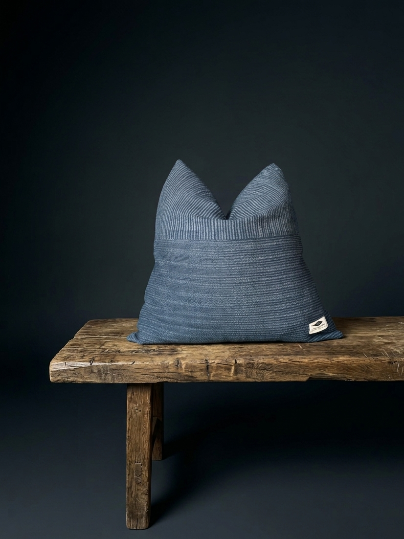 Blue textured pillow on a wooden bench against a dark background
