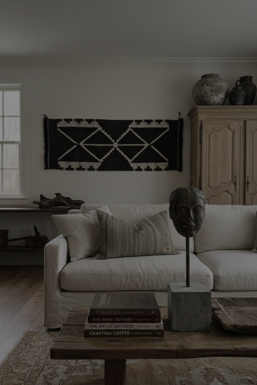 Living room with a white sofa, wooden coffee table, and decorative wall art.