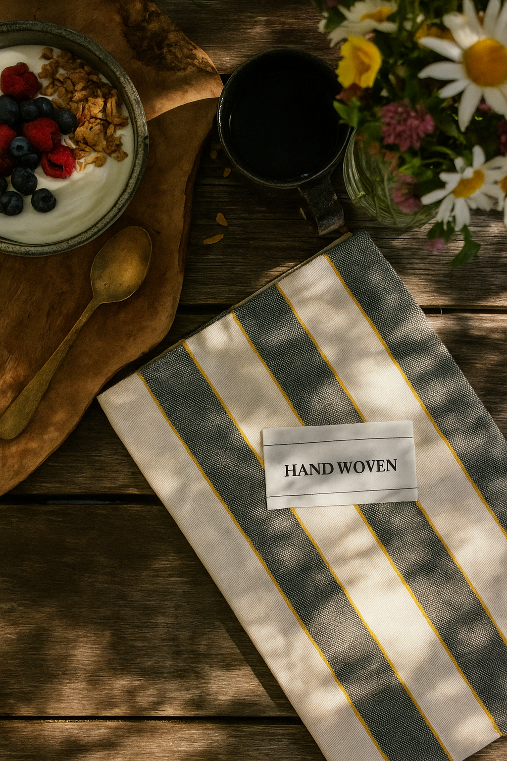 Striped fabric with a 'Hand Woven' label on a wooden surface with a bowl of cereal and flowers.