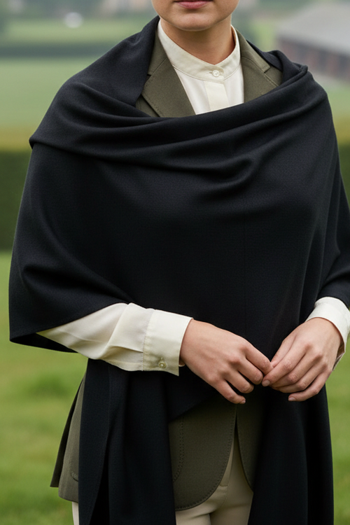 Person wearing a black shawl over a white shirt with a blurred green background