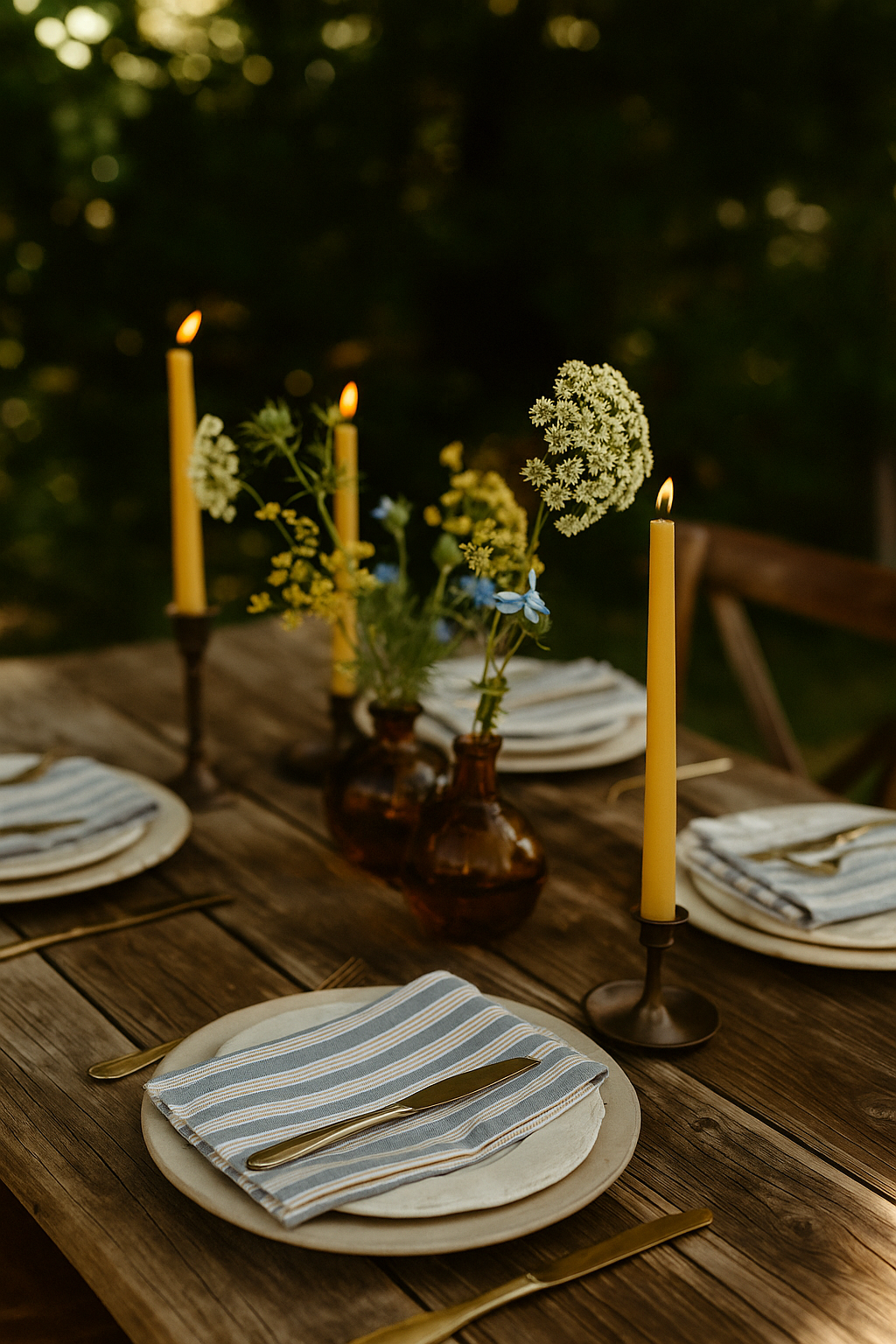 Dining table set with plates, napkins, candles, and flowers outdoors.