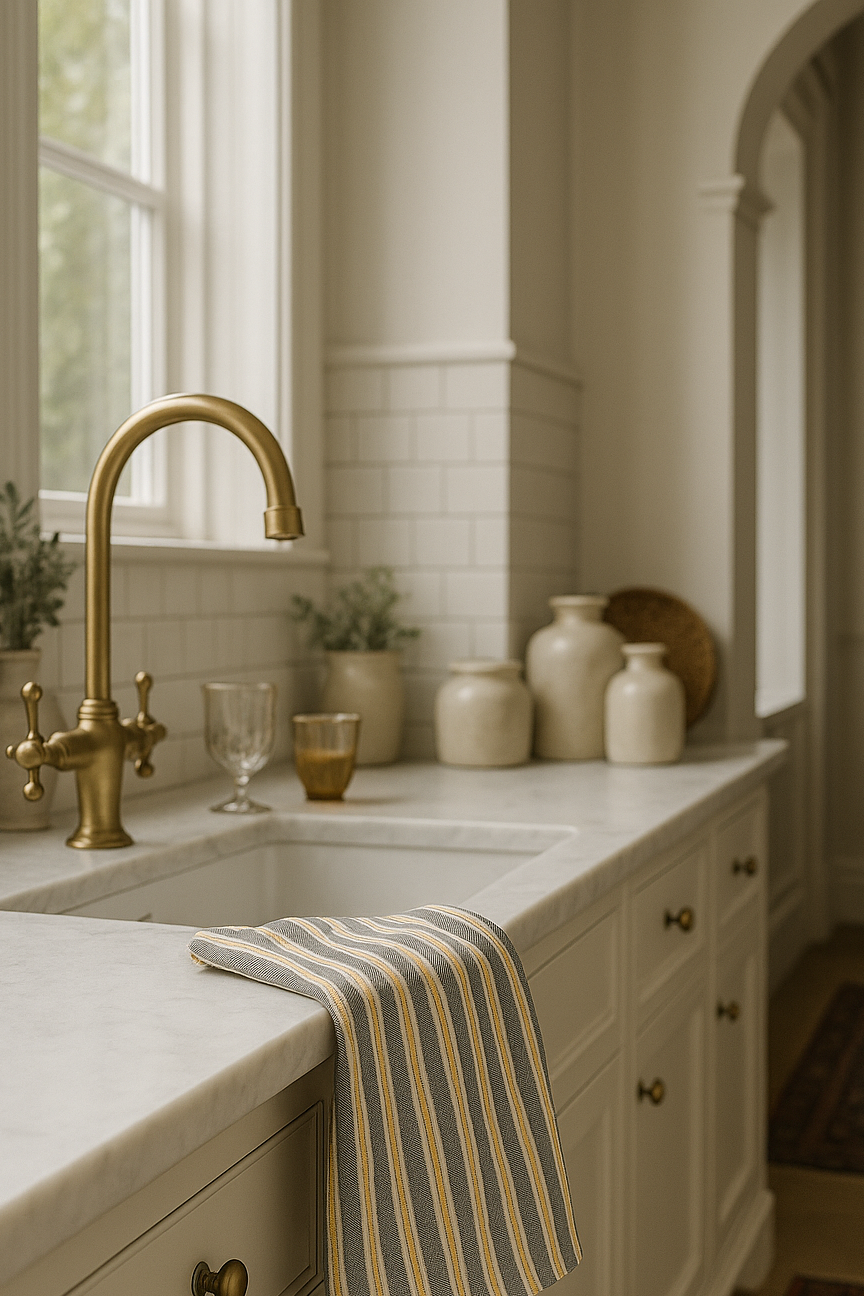 Kitchen sink area with gold faucet, striped cotton tea towel, and decorative items.