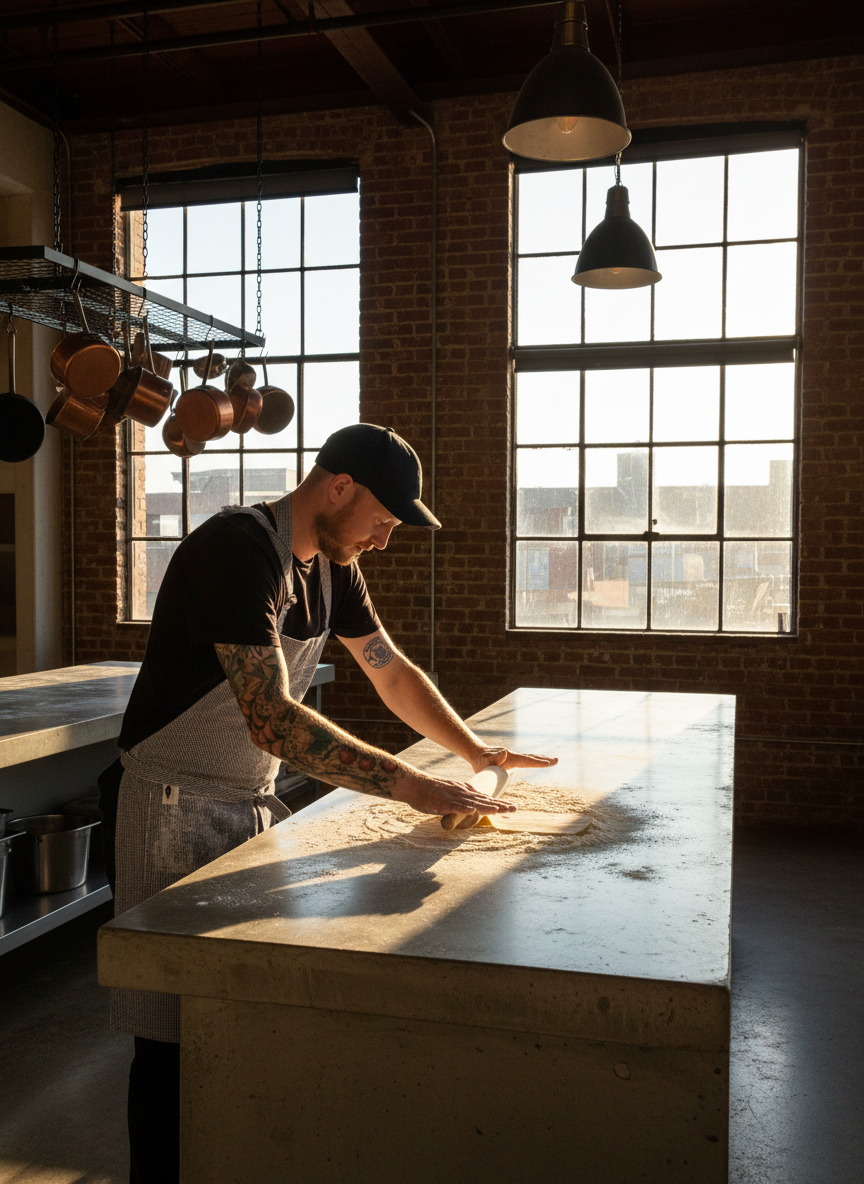 Person working in a kitchen with large windows and brick walls