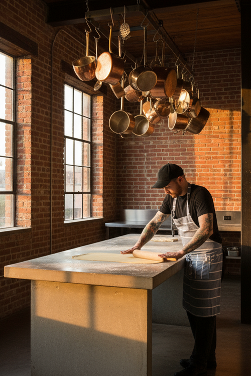 Person in a kitchen with large windows and hanging pots.
