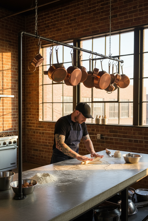 Person working in a kitchen with hanging pots and a large window.