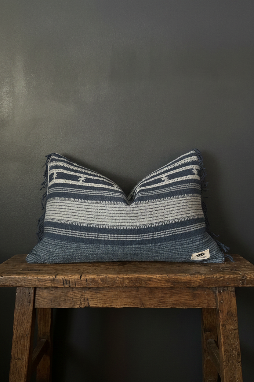 Blue and white striped pillow on a wooden stool against a dark gray wall