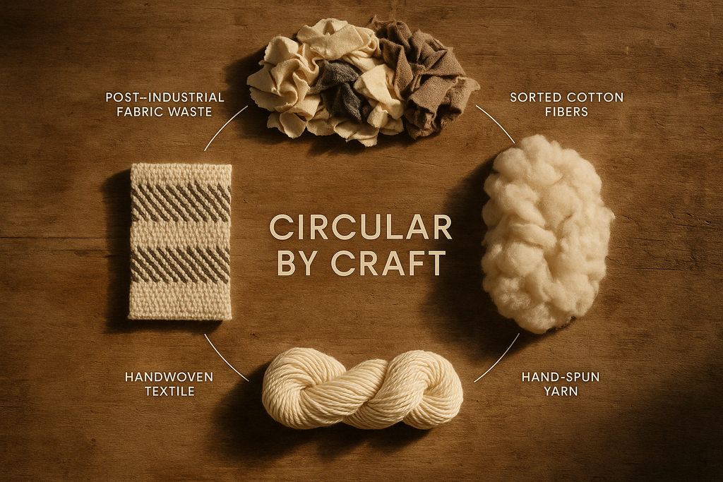 Textiles and fibers with labels on a wooden background, featuring the text 'Circular by Craft'.