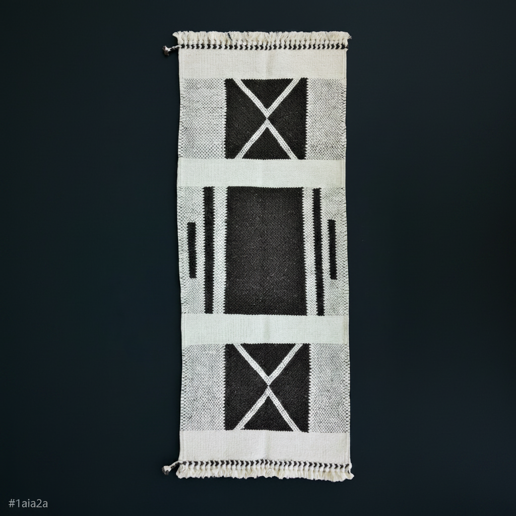 Textile with black and white geometric pattern on a dark background