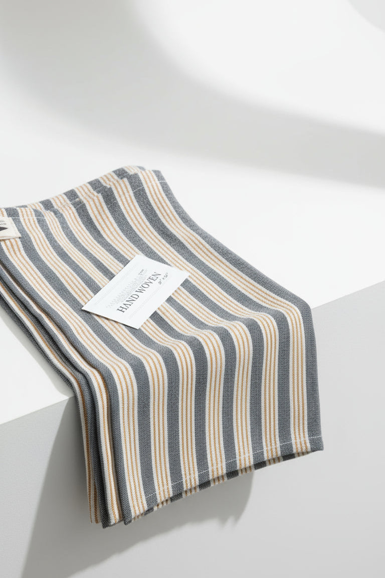 Graphite Mustard Micro Stripes Recycled Cotton Tea Towel